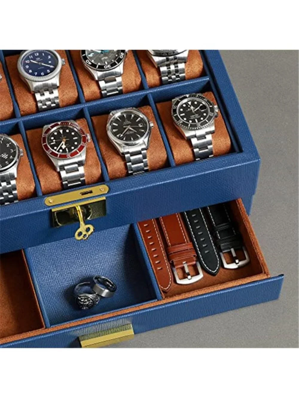 ROTHWELL 10-Slot Watch Box in Leather with Valet Drawer, Luxury Watch Case
